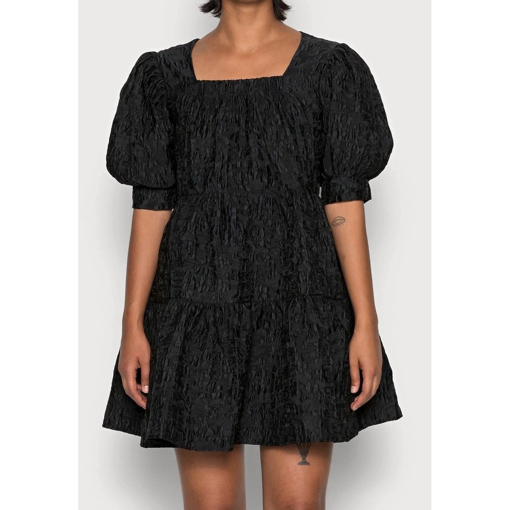 Sister Jane Confetti Square Neck Puff Sleeve Dress Size Small Black Textured